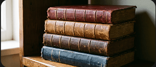A stack of old leather-bound books on a windowsill